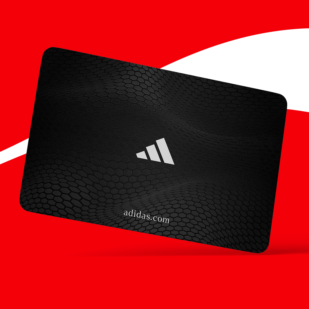 Czarna karta podarunkowa Adidas na czerwono-białym tle.
