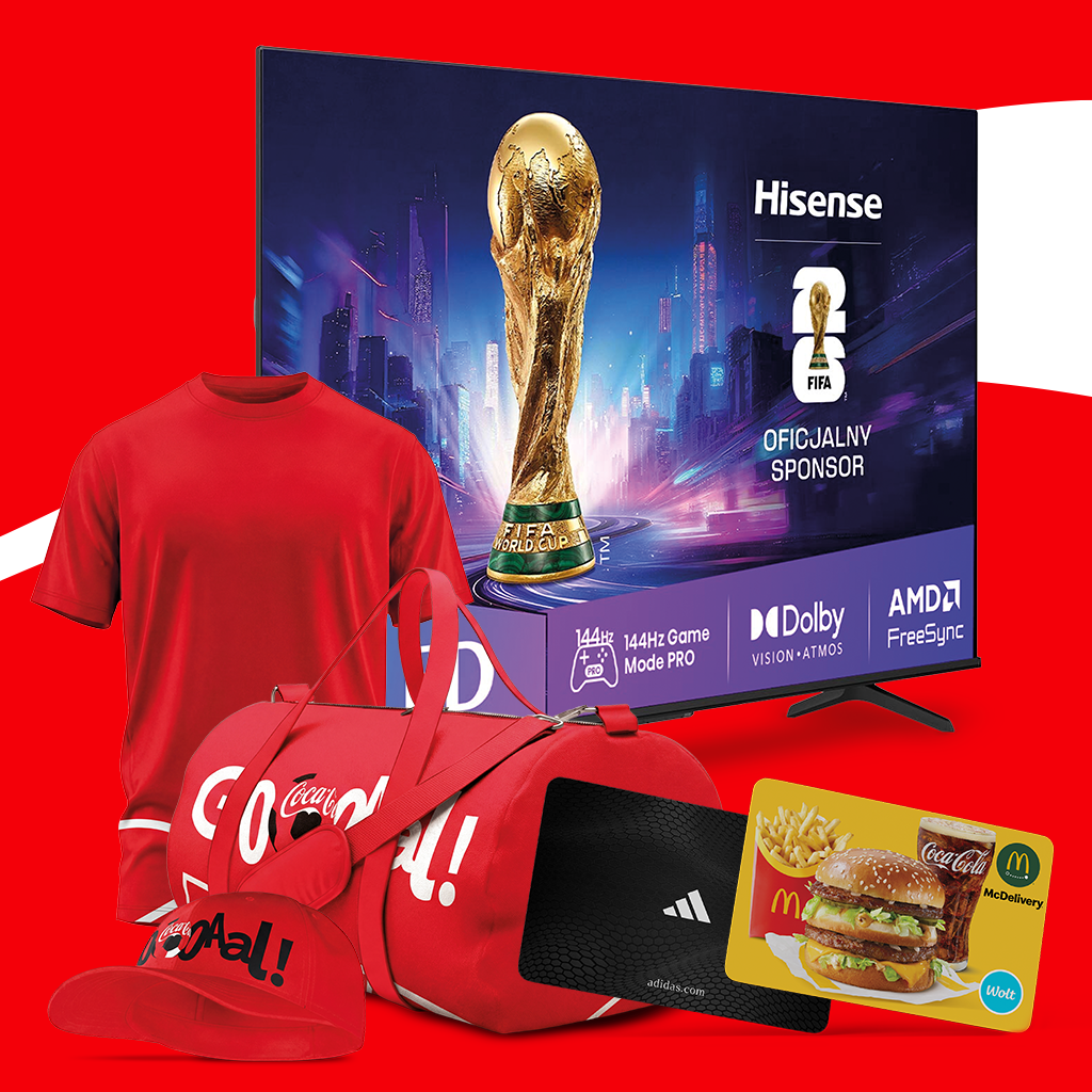 Zestaw nagród na czerwonym tle: telewizor Hisense, koszulka, torba, czapka, szalik i karta McDelivery.